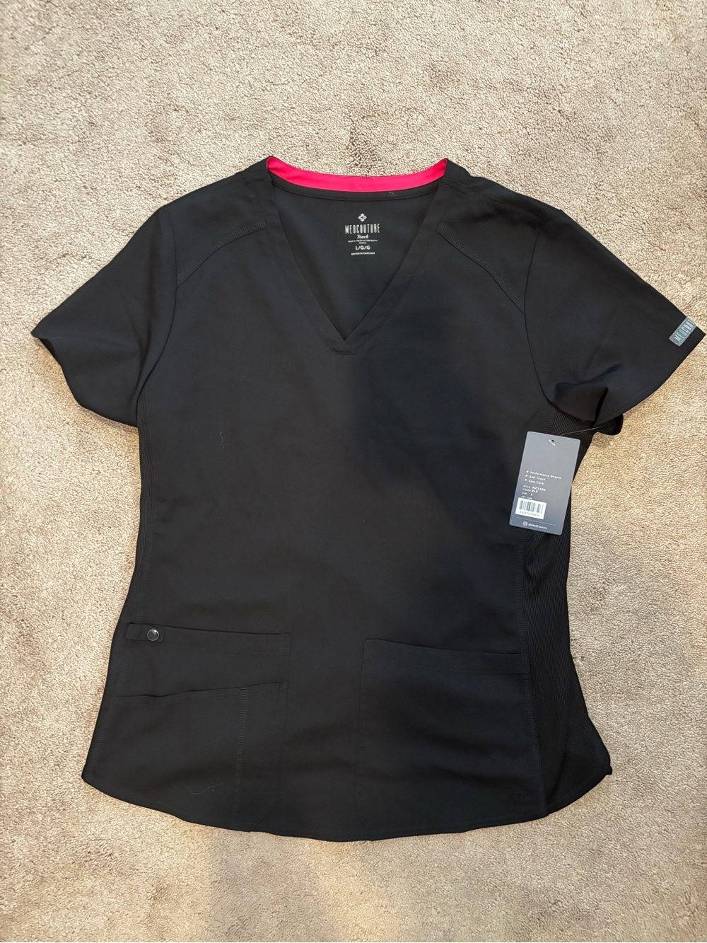 Med Couture Touch Black V-Neck Scrub Top with Pink Neck Trim, 2 pockets